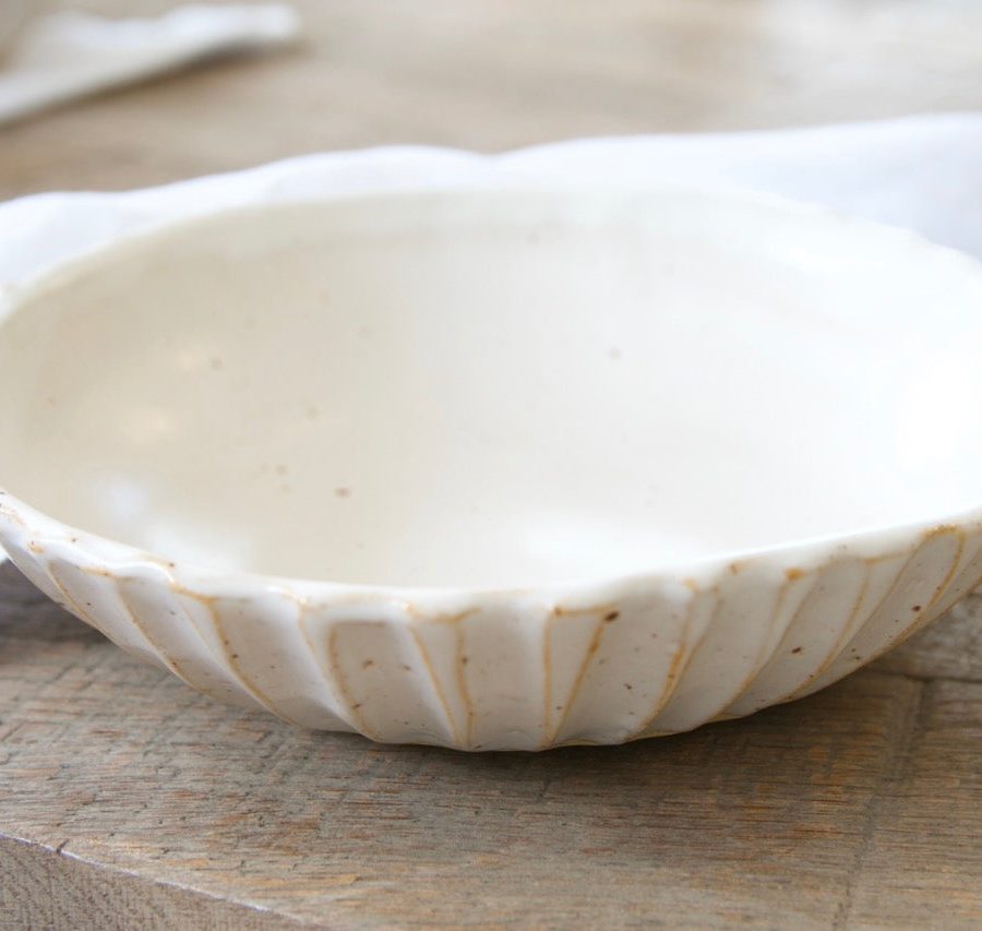 Carved Speckled Stoneware Pasta Serving Bowl