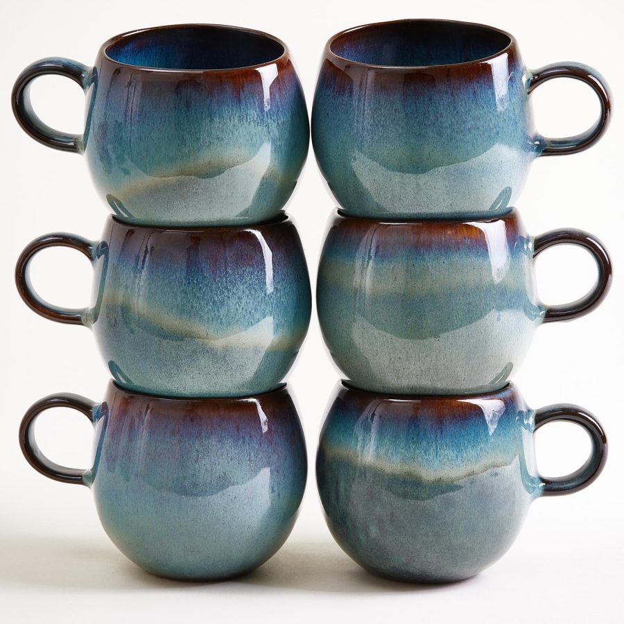 Large Green Blue Ceramic Mug Set of Six