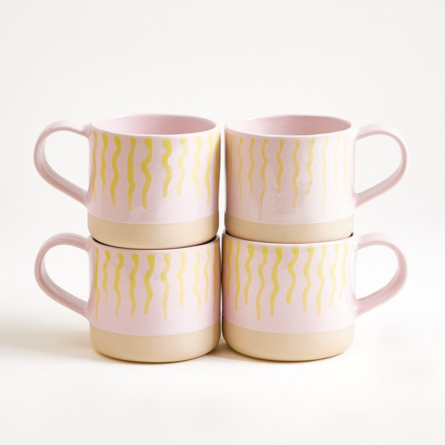 Large Striped Pink Yellow Ceramic Mug Set of Four